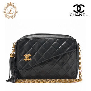 Chanel Matelasse Coco Mark Shoulder Bag Fringe Chain Black Lambskin